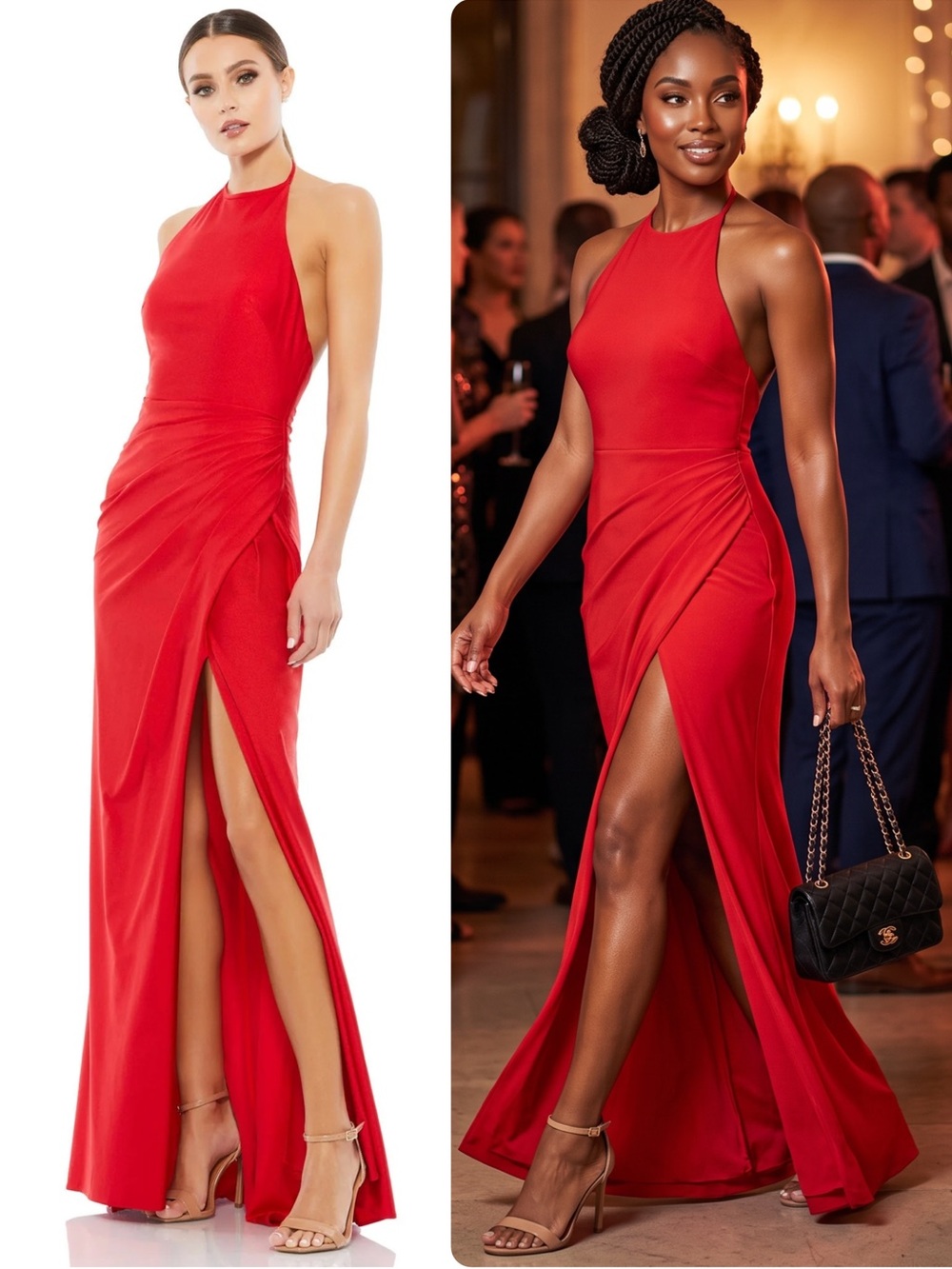 Mac Duggal Red Halter Side-Slit Ruched Waist Maxi Gown Dress 26623 NWT $398